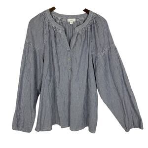 J.‎ Jill Smocked Button Front A-line Top Blue White Stripe Sz L Coastal Preppy